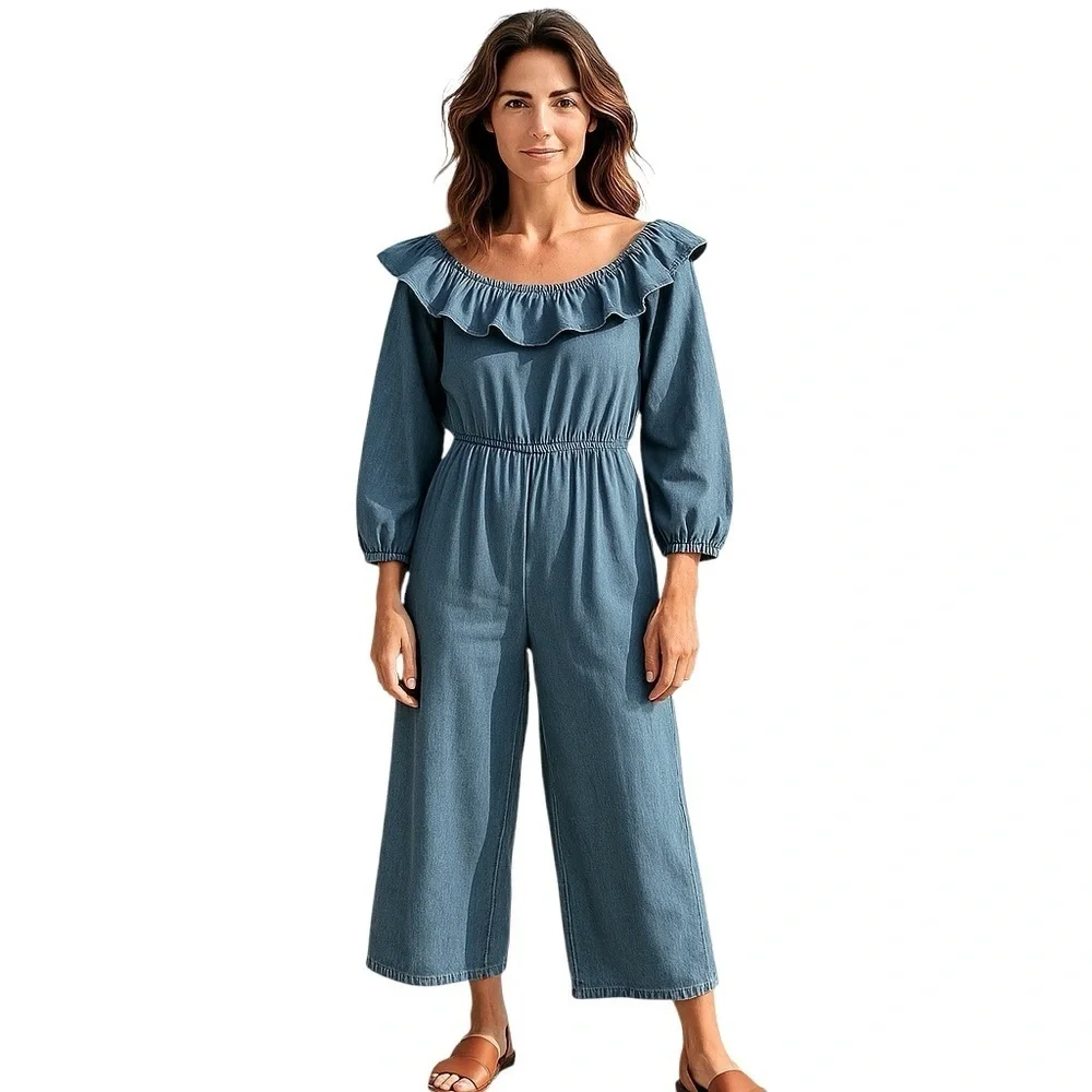 MICHAEL KORS Denim Chambray RUFFLE ON/OFF SHOULDER JUMPSUIT Small …Boho casual